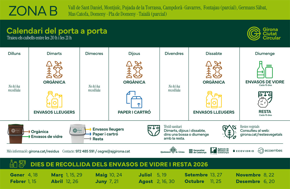 Calendari de recollida al model de Porta a Porta - Zona B (fase  1 i 2) + faldó 2025