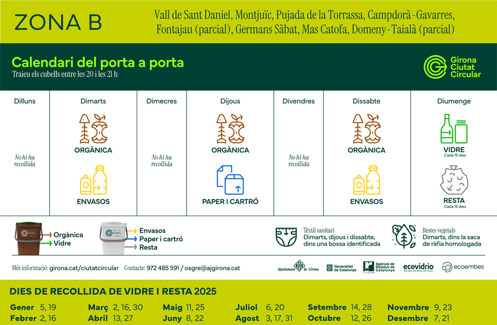 Calendari de recollida al model de Porta a Porta - Zona B (fase  1 i 2) + faldó 2025