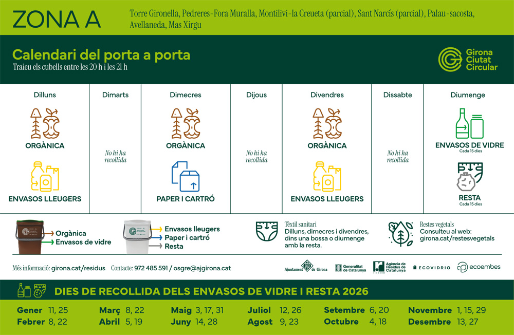 Calendari de recollida al model de Porta a Porta - Zona A (fase  3 i 4) + Faldó 2025