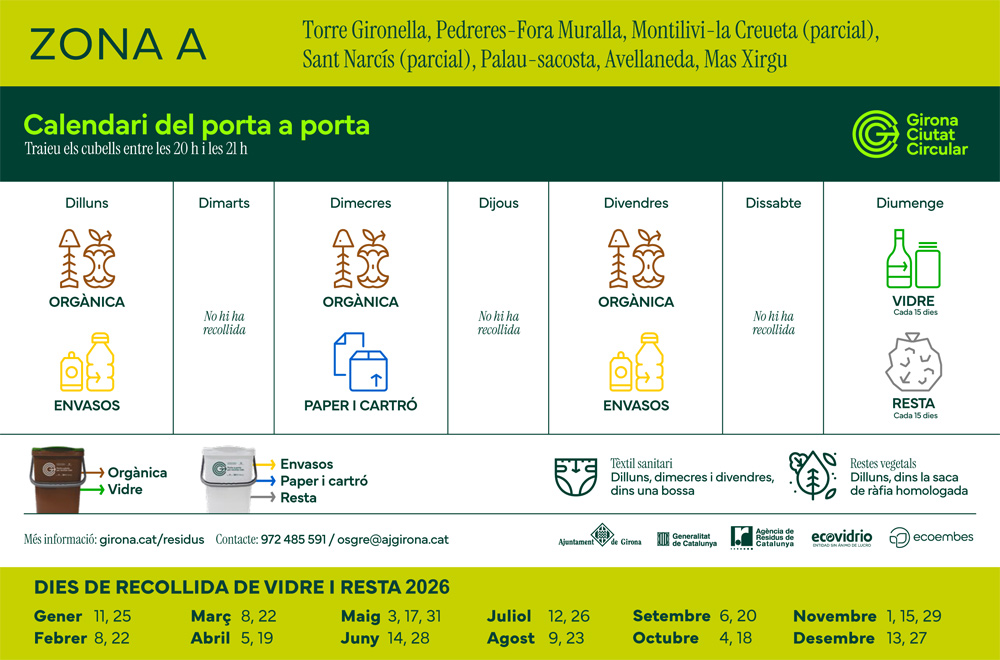Calendari de recollida al model de Porta a Porta - Zona A (fase  3 i 4) + Faldó 2025