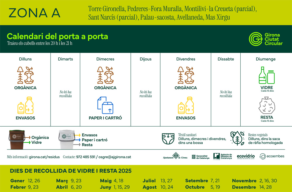 Calendari de recollida al model de Porta a Porta - Zona A (fase  3 i 4) + Faldó 2025