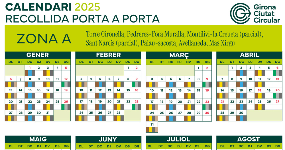 Calendari anual 2025 del Porta a Porta Zona A (fase 3 i 4)