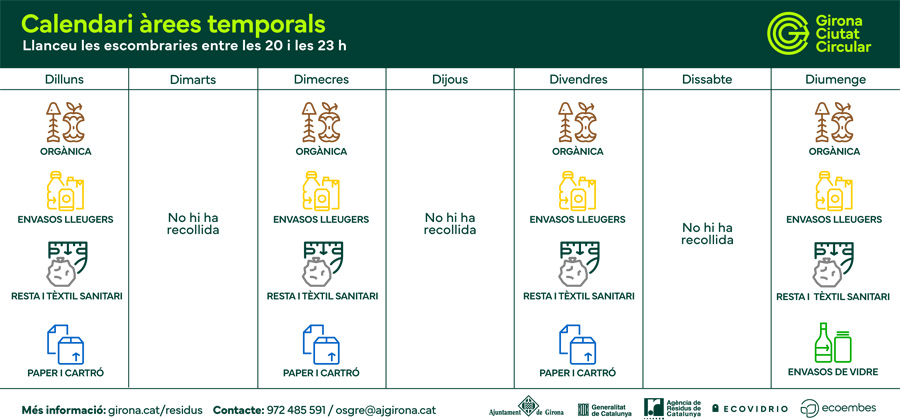 Calendari de recollida a les àrees temporals a partir de l'1 de desembre de 2025